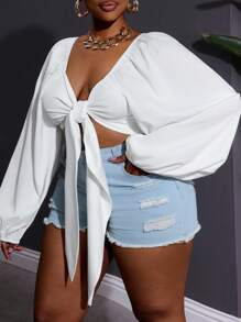 SHEIN CURVE+ 大码女式夏季系带休闲白色灯笼袖衬衫，曲线加大，波西米亚度假风 - 白色 - 查看 4