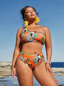 Travachic Conjunto de 3 piezas de bikini de talla grande con estampado tropical de loros y plantas, con cuello de halter para la playa