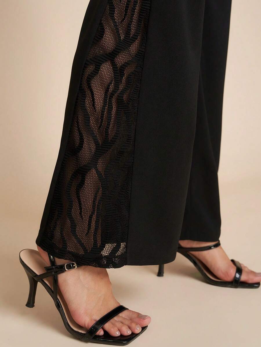 SHEIN Clasi Women's Geometric Lace Splice Wide Knitted Stretch Black Leg Pants - Black - View 1