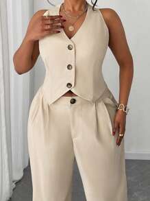 Elenzga 2pcs/Set Plus Size Women's Solid Color Short Vest & Wide Leg Casual Pants