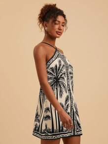 Travachic 梭织印花露背迷你连衣裙，女士夏季服装，沙滩装，复活节，女士沙滩装，春假，女士度假装，女士演唱会服装，波西米亚风，音乐节，热带度假女装 - 杏色 - 查看 4