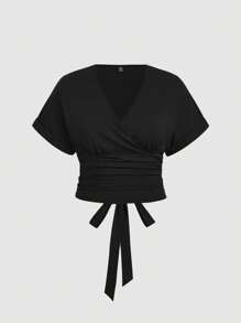 SHEIN MOD Camiseta de talla grande con cuello en V cruzado, decoración fruncida y lazo en la espalda, con estilo vintage - Negro - Ver 1