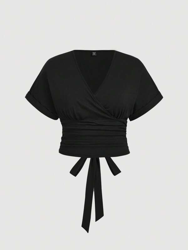 SHEIN MOD Plus Size Vintage Ruched Decor Cross V-Neck T-Shirt With Tie-Back
