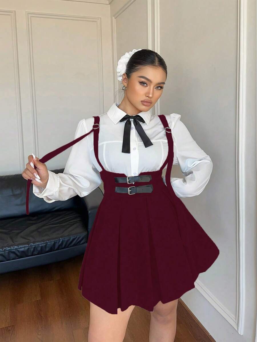 Franclia Plus Size Solid Color A-Line Skirt, Fashionable For Summer - Burgundy - View 1