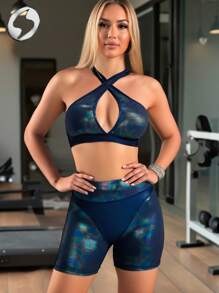 Innovista Women Activewear 2in1 Sets, Foil Print Sports Bra & Leggings, Faux Leather & Metallic Shine Gym Top & Bottoms, 2pieces Workout Outfits, Hollow Out Abstract Print Breathable Mesh Cut Out & Elastic For Fitness Yoga, Mat, Pilates, Running, Cardio, Going Out, Athleisure, Outdoor, Hike, Trekking, Trail, Strength, Weights, Blue, Y2K, Autumn Fall Gear, Bikini, Bathing Suit Fall Outfits For Women Cool Light Blue Utilitarian Chic - Multicolor - View 6