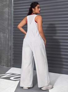 Jeanoix Plus Size Solid Color Pocketed Sleeveless Casual Denim Bib Pants For Summer - White - View 2