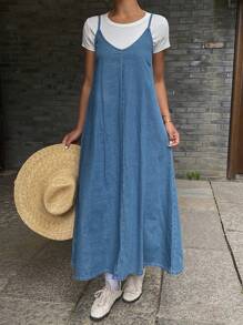 Livesso 女士休闲宽松牛仔吊带裙，春夏度假款 - 藍色 - 查看 3
