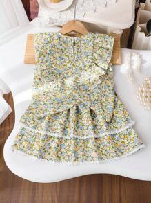 SHEIN 2件套少女夏日假期碎花荷叶边上衣和裙子套装 - 彩色 - 查看 2