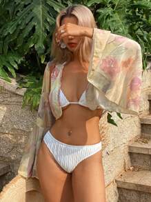 Livesso Élégant châle de protection solaire en maille transparente fine, tenue de plage pour femmes, tenue de croisière florale pour femmes en vacances - Blanc - Voir 4