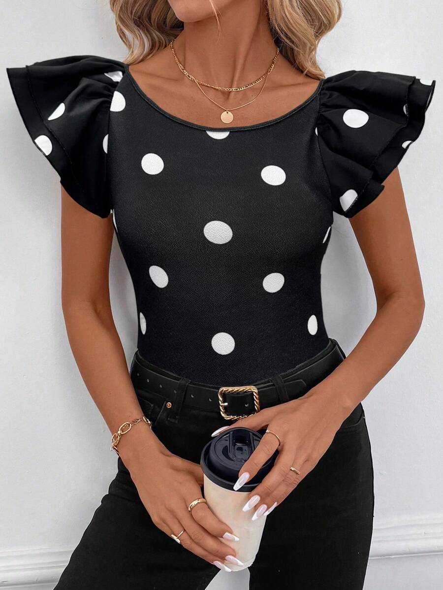 SHEIN Clasi Polka Dot Round Neck Cap Sleeve Fitted Women T-Shirt Summer For Women Spring For Women Summer For Women Teacher For Women - Black and White - View 1