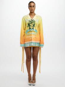 SUMWON WOMEN Camisa Resort Santa Monica Califórnia, Blusa com Gola e Estampa Degradê de Palmeiras, Manga Comprida, Peça de Destaque para Verão, Praia e Férias, Moda Primavera, Coleção 2023 - Multicolorido - Ver 3