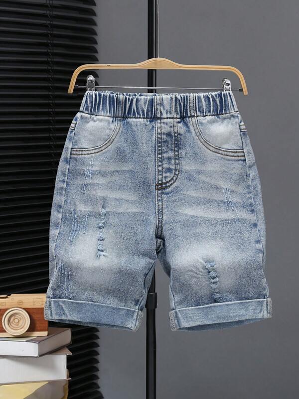 Pantalones cortos vaqueros rectos y estrechos con lavado claro y desgarros de estilo callejero moderno para niños pequeños - Tela suave y cómoda para uso casual diario