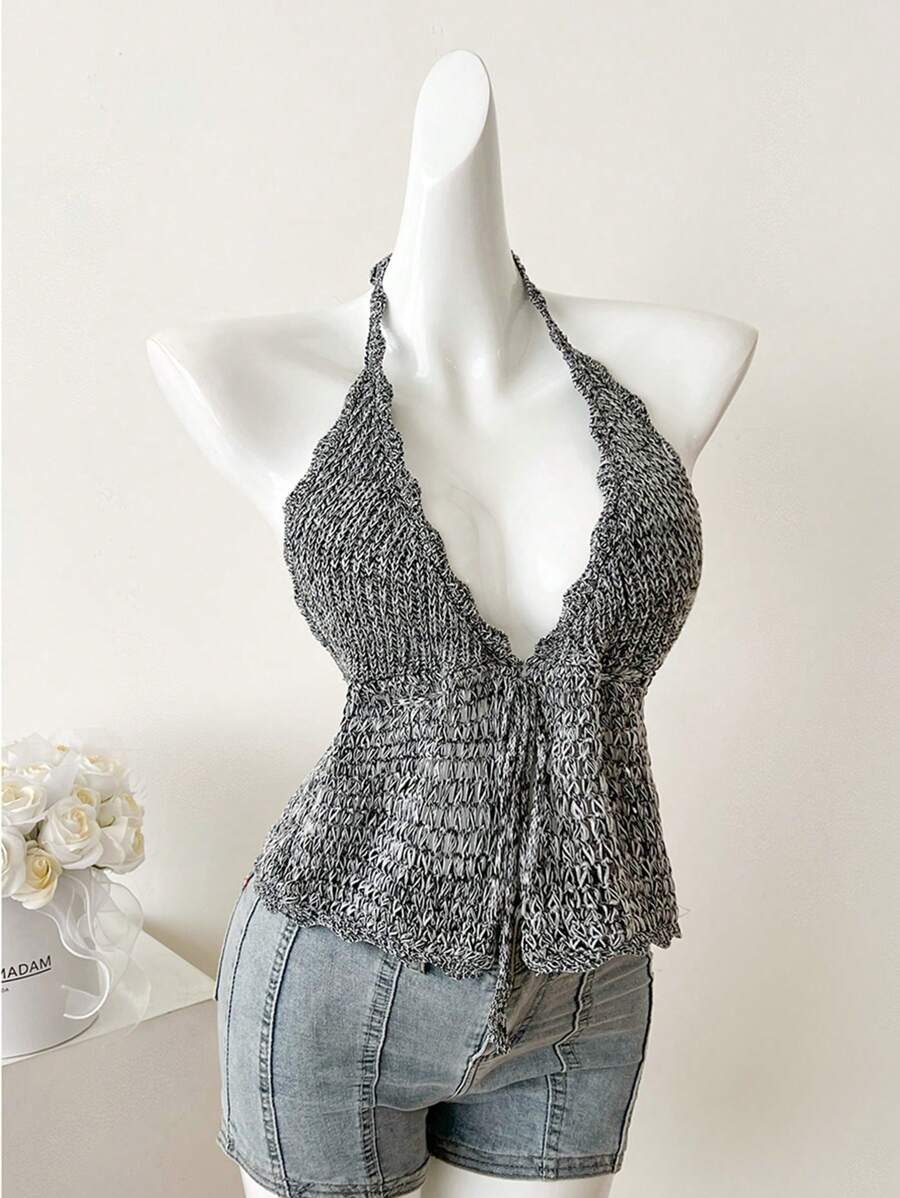 Elamini Top camisole en tricot à col en V, dégradé, ajouré, polyvalent pour femmes. Doux et délicat, pour le printemps/été. - Noir et Blanc - Voir 1