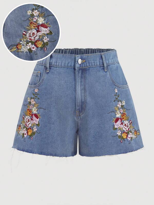 SHEIN MOD Women's Plus Size Floral Embroidered Light Wash Denim Shorts With Zipper Detail And Frayed Hem