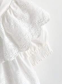 SHEIN 少女雪纺纯色荷叶边短袖镂空刺绣休闲衬衫，春夏 - 白色 - 查看 9