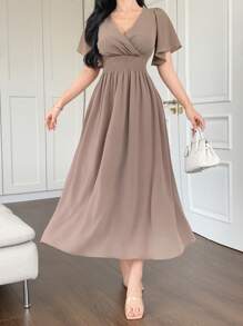 DAZY Women's Solid Color V-Neck Cinched Waist Ruffle Sleeve Elegant Dress, Summer