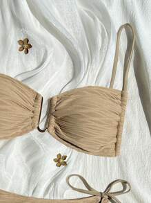 Swim Basics Solid Color Tie Knot Strap Bikini Swimsuit, Suitable For Summer - Khaki - View 3