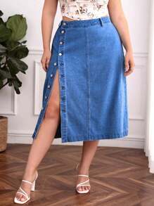 Plus Size Denim Mini Skirt With Side Slits, Fashionable For Summer - Medium Wash - View 1