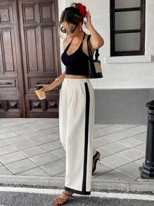 Pariaura Pantalones de pierna acampanada de cintura alta para mujer, de estilo francés a dos tonos, con tela drapeada y decoración de rayas laterales, pantalones blancos para primavera y verano