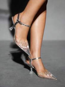 CUCCOO SZL 女士尖头细高跟鞋，银色水晶透明带高跟鞋，带封闭式鞋头设计