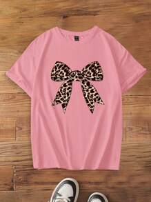 SHEIN EZwear 大码休闲简约蝴蝶结豹纹圆领短袖 T 恤，大码宽松套头 T 恤，夏季 - 藕粉色 - 查看 3