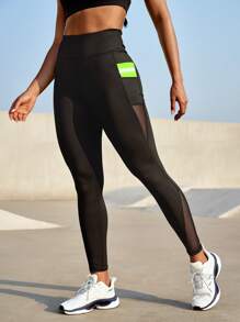 Powerista Legging Ketat Pinggang Elastis dengan Saku dan Sambungan Jala - Hitam - View 1