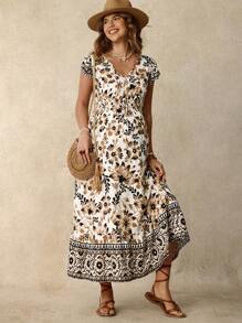 Boho Mama Gaun Hamil Wanita Putih Motif Bunga Boho, Gaun Liburan Musim Panas dengan Hem Bergelombang, Cocok untuk Liburan Musim Panas Gaya Boho - Khaki - View 7