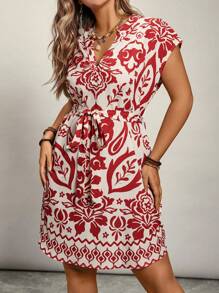 Freevana Vestido con estampado floral y cinturón talla grande