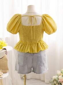 Soleia 大码女式夏季宽松蕾丝荷叶边 V 领泡泡袖上衣 T 恤，粉色和蓝色 - 黃色 - 查看 2