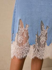 Poéselle Women's Contrast Lace Straight-Cut Casual Versatile Denim Skirt Casual, Old Money, Business Casual - Baby Blue - View 4