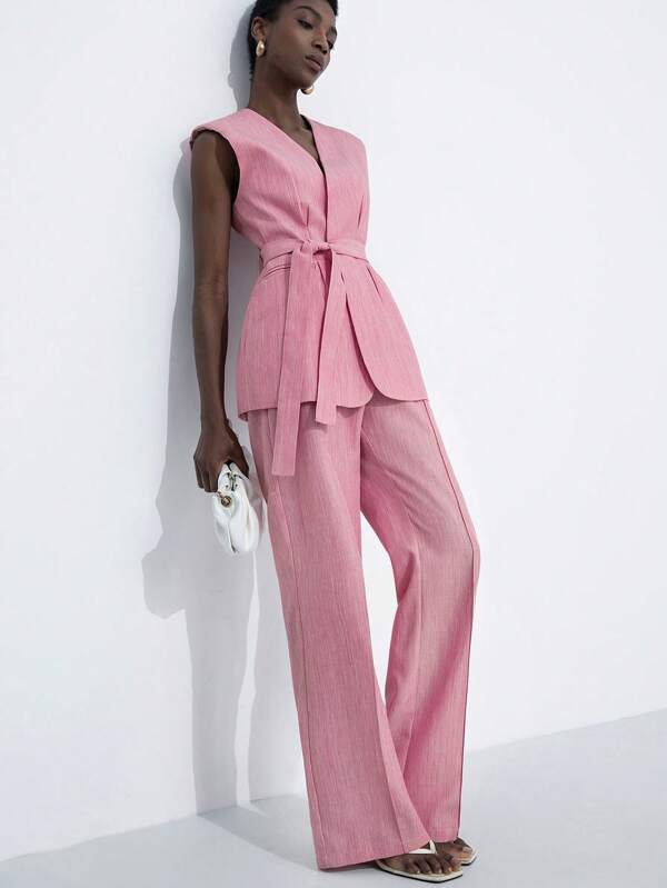 Aveloria Modichic Women Elegant Commuter V-Neck Sleeveless Top With Belt, Wide Leg Loose Pants With Pocket, Lightweight Linen-Like Fabric Vest Suit