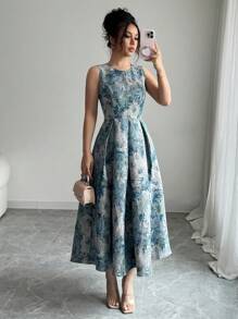 Elenzga 女士优雅提花中长款无袖连衣裙，夏季 - 彩色 - 查看 4