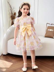 Kleine Mädchen Kleid mit kleinem Blümchen-Muster, rundem Ausschnitt, Puffärmeln und Schleife verziert - Khaki - Übersicht 6