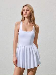 CourtClass Women's Solid Color Backless Pleated Hem Sports Dress - White - View 2