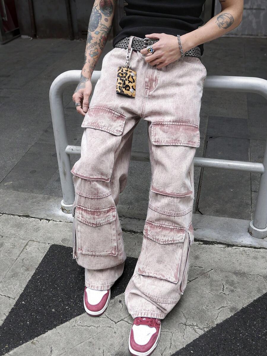 Manfinity EMRG Men's Cargo Pocket Wide Leg Relaxed Fit Casual Versatile Jeans - Dusty Pink - View 1
