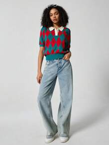 SHEIN EZwear Button Half Placket Argyle Knit Top