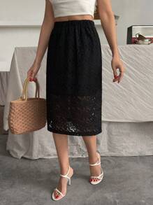 EURMUSE Woman Solid Color Lace Elastic Waist Inside Lining Skirt Midi Knee Length Spring Summer Going Lady Bottom - Black - View 4