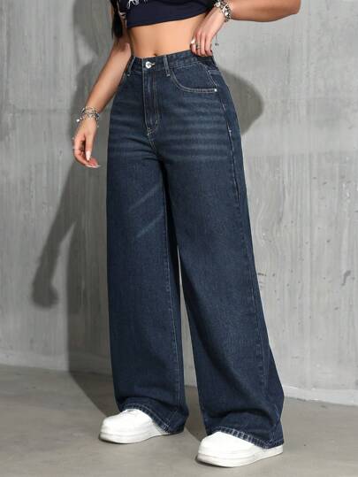SHEIN ICON Women's Loose Casual Pocket Wide Leg Jeans