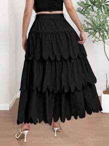 SHEIN Clasi Plus Size Women Ruffle Hem Tie-Waist Solid Color Skirt, Vacation Style - Black - View 2