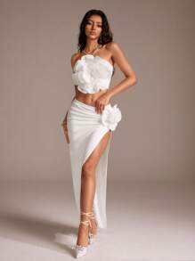 TRNVIE Personalized 3D Flower Versatile Sleeveless Slit Vacation Women 2pcs Set, Spring/Summer - White - View 7