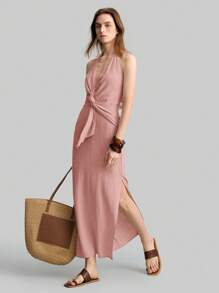 Ontre 2025春夏纯色收腰扭结挂脖长裙，粉色毕业礼服，女士休闲连衣裙，复活节连衣裙，优雅飘逸连衣裙，派对连衣裙，极简连衣裙，复活节连衣裙，派对连衣裙，端庄连衣裙，女士度假连衣裙，舒适连衣裙，伴娘服，沙滩裙，音乐节度假，亚麻面料粉色针织开衫 - 粉色 - 查看 1