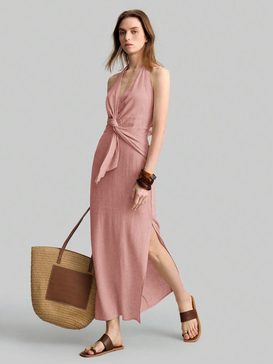 Ontre 2025春夏纯色收腰扭结挂脖长裙，粉色毕业礼服，女士休闲连衣裙，复活节连衣裙，优雅飘逸连衣裙，派对连衣裙，极简连衣裙，复活节连衣裙，派对连衣裙，端庄连衣裙，女士度假连衣裙，舒适连衣裙，伴娘服，沙滩裙，音乐节度假，亚麻面料粉色针织开衫 - 粉色 - 查看 1