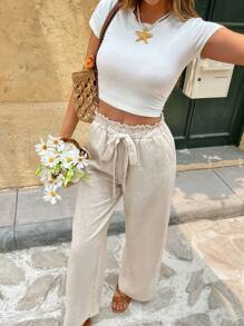 SHEIN Frenchy 女士简约纯色蝴蝶结抽绳腰长裤，适合夏季，仿亚麻竹纹无弹力面料，时尚休闲日常通勤 - 杏色 - 查看 4