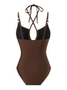 Swim Lushoire Plus Size One-Piece Halter Beaded Front Hollow Out Crisscross Tie Side Ruched Sexy Elegant Vacation Women's Swimsuit - Coffee Brown - View 2