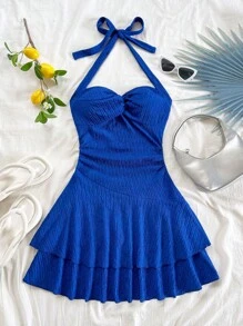 Soleia 性感露背迷你连衣裙，配有领带、褶皱下摆和双层，适合派对、约会、情人节 - 寶藍色 - 查看 5