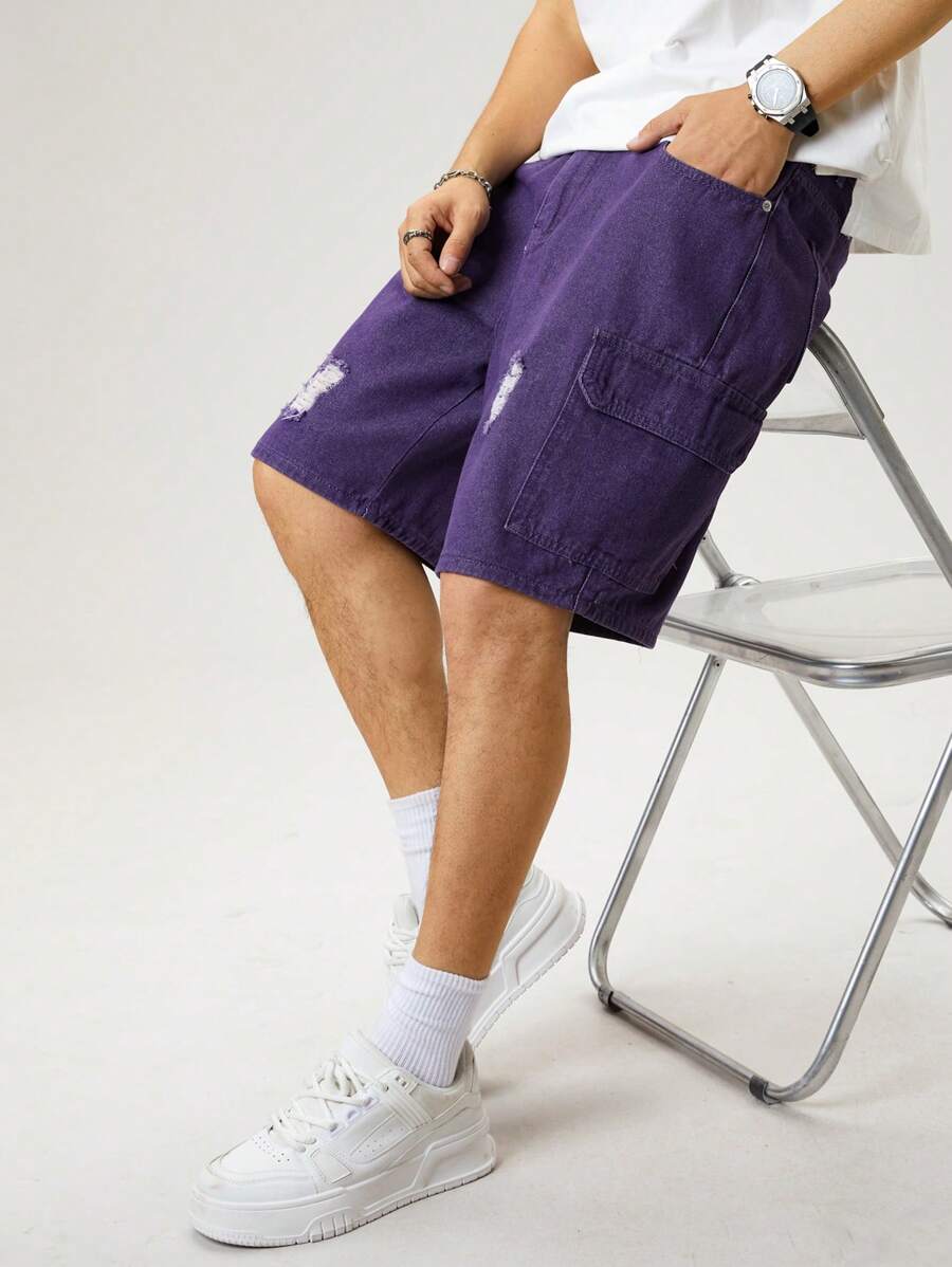 Manfinity Hypemode 男士休闲破洞翻盖口袋牛仔工装短裤，夏季 - 紫色 - 查看 1