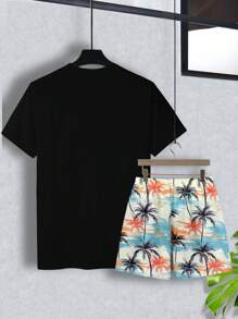 Manfinity RSRT Men's Casual Patchwork Coconut Tree Print Round Neck Short Sleeve T-Shirt And Shorts Set, Summer Vacation Outfits For Men Beach Vacation Outfits Men