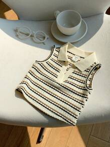SHEIN Babygirl Cute Striped Knit Sleeveless Polo Shirt, Versatile For Summer