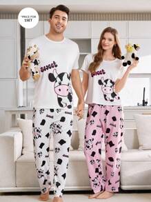 CoupledUp Pijama de verano para hombre con top de manga corta y shorts cómodos con estampado de vaca