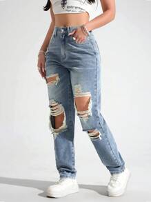 SHEIN EZwear 做旧酸洗直筒牛仔裤，适合日常休闲穿着 - 淺色水洗藍 - 查看 4